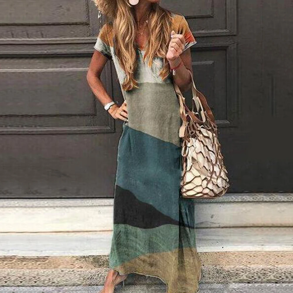 Boho градиент сплайсинга длинное платье для женщин осенний стиль удобные