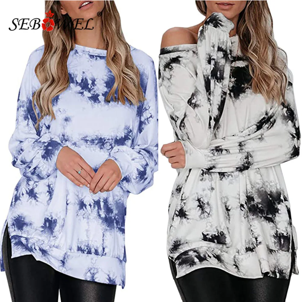 

SEBOWEL Women's Oversized Tie Dye Print Long Sleeve Sweatshirts Lady Round Neck Lantern Sleeve Side Slit Loose Sweatshirt Tops