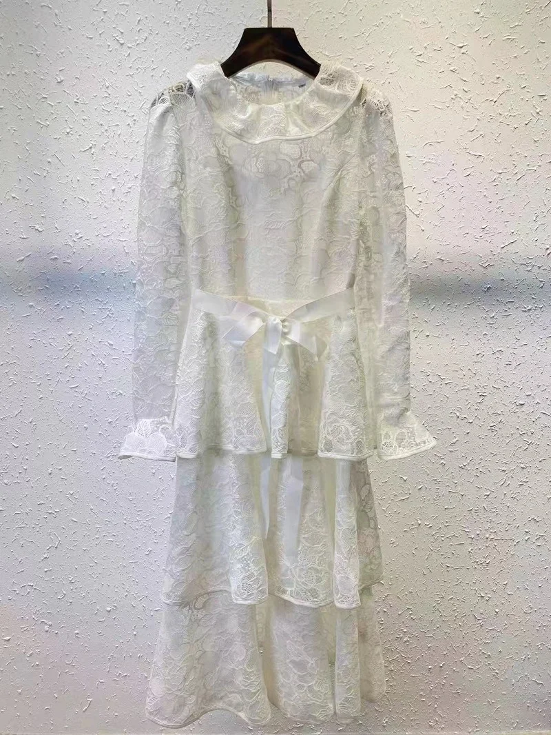 

Top Quality Women's Dress 2021 Spring Wedding Party Ladies Allover Exquisite Embroidery Long Sleeve Cascading Ruffle Dress White