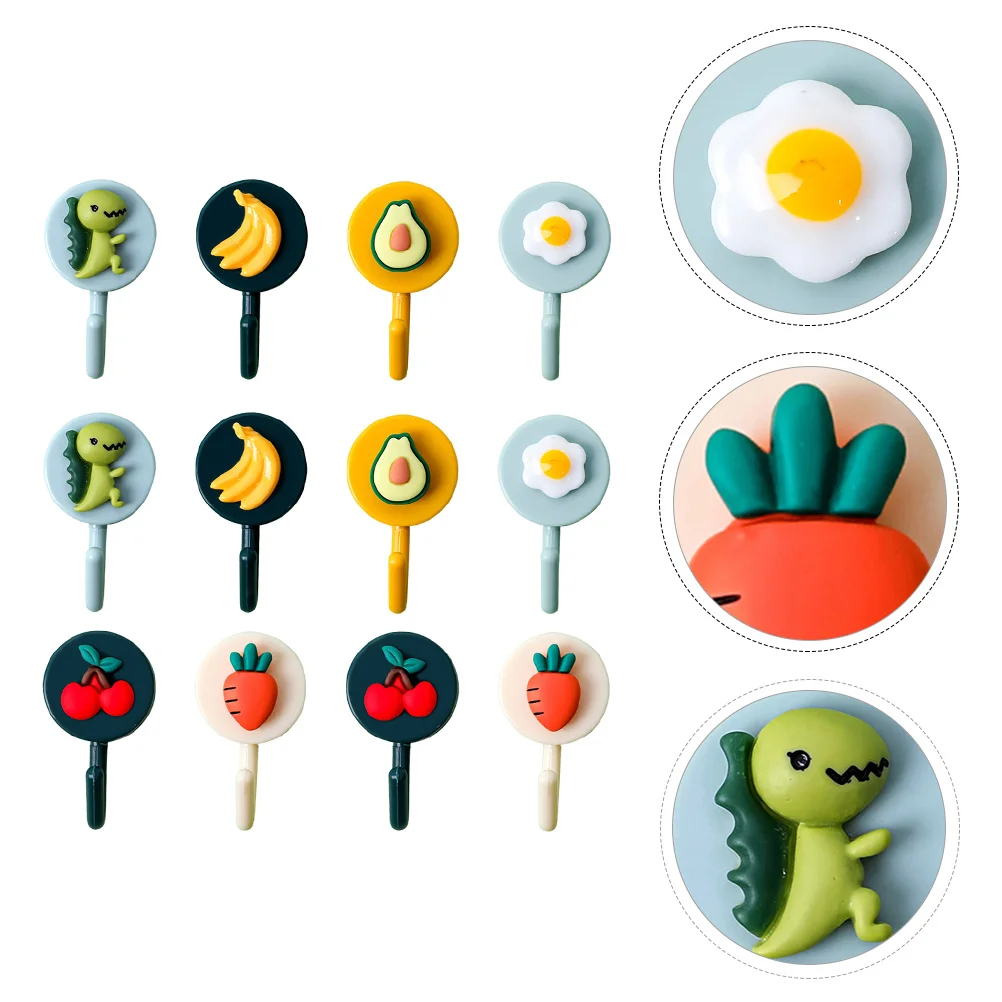

12 Pcs Cartoon Animal Fruit Shape Hooks Punch-free Hooks Sundries Organizers