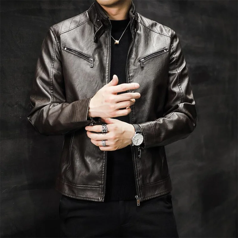 Новая мужская куртка из искусственной кожи весна-осень. Версия из Кореи. Модное досуговое изделие со стойким воротником, приталенное, узкое. Мотоциклетное покрытие из PU.
