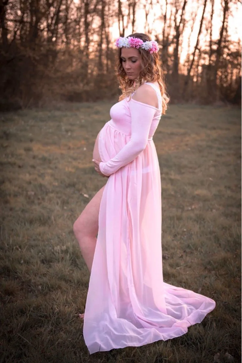 Женское шифоновое длинное платье с разрезом Открытое макси для беременных