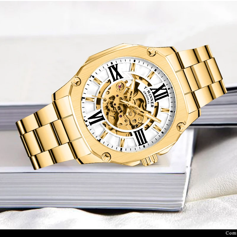 Top Brand WINNER Mens Automatic Watch Golden Hollow Skeleton Stainless Steel Watches Male Waterproof Mechanical Clock Dropship | Наручные