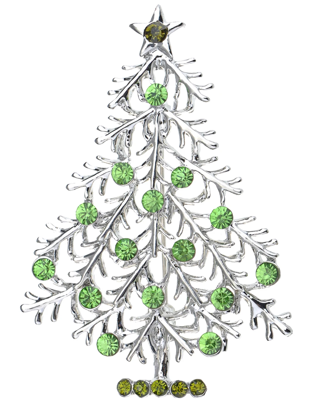 

Silvery Tone Green Rhinestones Holiday Christmas Tree Star Brooch Pin