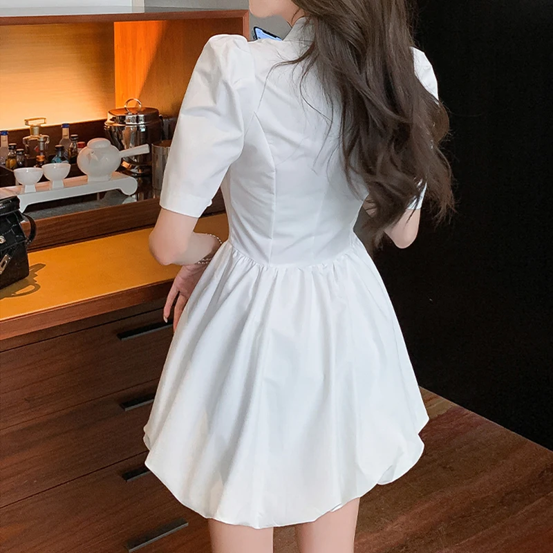 

Yitimoky White Dress for Women Summer Black Chic Korean Style Clothing Bow Fashion Short Sleeve Notched Neck High Waist Dresses