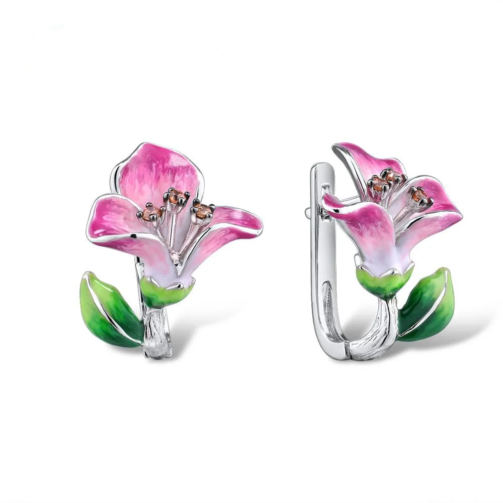 

2022 New Morning Glory Petal Leaf Silver Dangle Drop Earrings for Women Elegant Pink Enamel Blooming Wedding Party Earrings