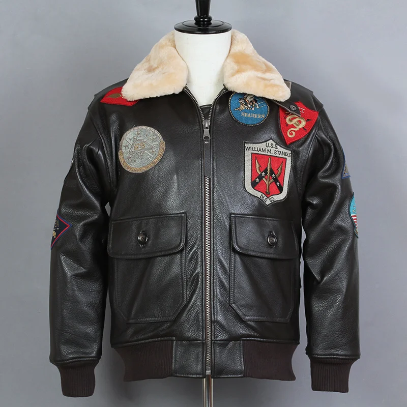 

Мужская мотоциклетная куртка-бомбер AVIREX, куртка из натуральной воловьей кожи с меховым воротником, байкерская куртка G1, пальто из натуральн...