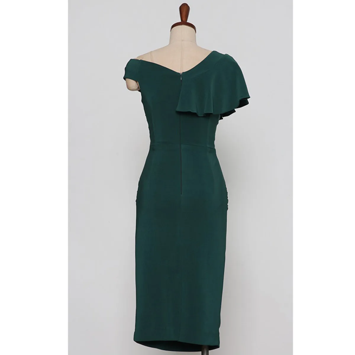 

BacklakeGirls 2020 Lady Elegant Temperament Slim Dark Green Cocktail Dress Ruffles V Neck Short Sleeves Casual Office Dress