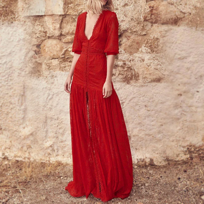 

Dress Skirt Deep V Sexy Dress Five-point Sleeves Waist High Slit Long Skirt Temperament Royal Sister Skirt Dress