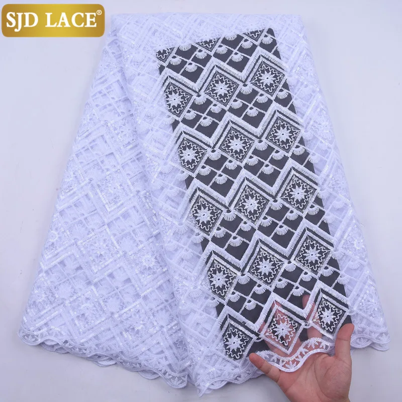 

SJD LACE Pure White French Lace Fabric With Sequins African Mesh Lace Fabric Embroidery Milk Silk Laces For Wedding Party 2151B