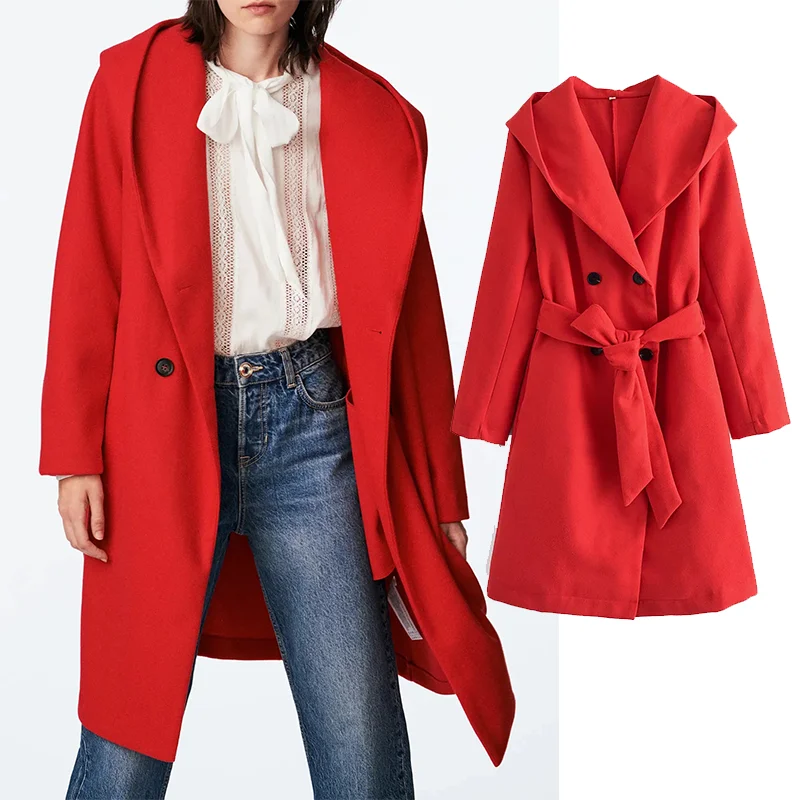 

Женское шерстяное пальто с капюшоном Za, красное теплое длинное пальто с длинным рукавом, винтажная верхняя одежда, осень-зима 2021