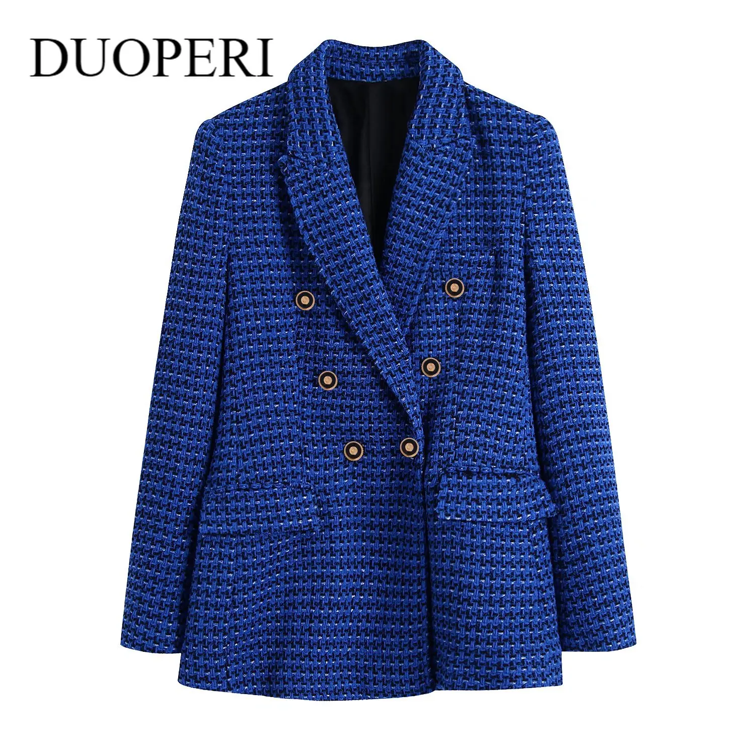 

DUOPERI Fashion Tweed Blazer Women Casual Long Sleeves Double breasted Elegant Office Lady Suit Female Blazer Suit veste femme