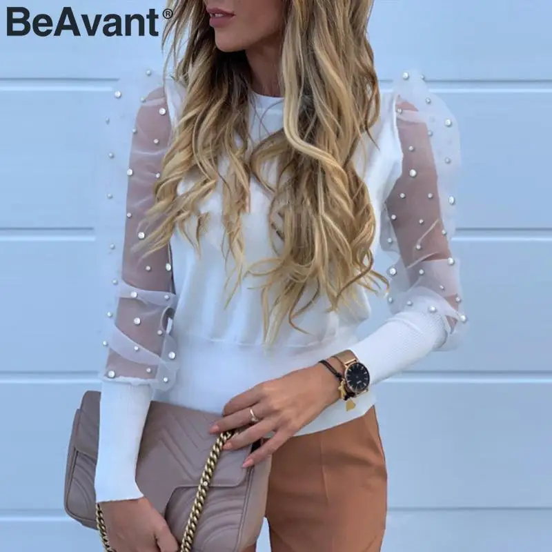 Женская блузка с буффами BeAvant Элегантная трикотажная жемчужинами и рукавами