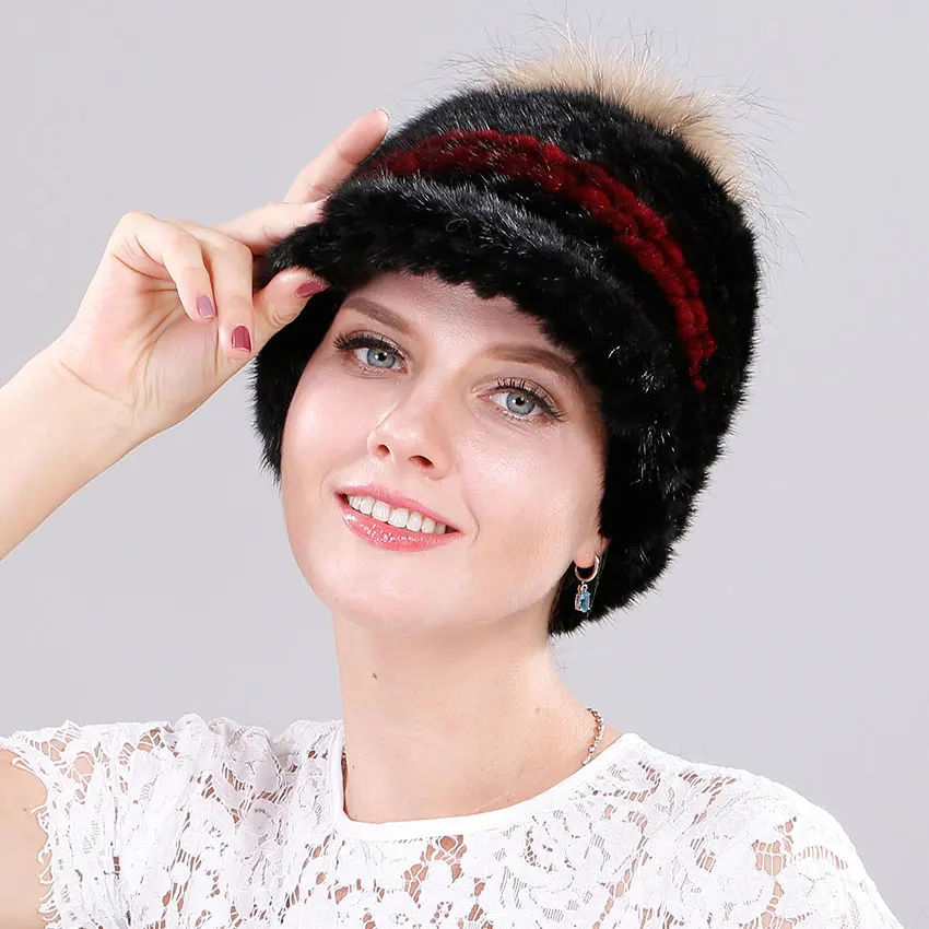 ICYMI Mink Fur Baseball Cap for Women Fashionable Knitted Hat with Raccoon Pompom Top Patchwork Winter Girl | Аксессуары для