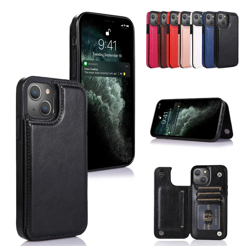

New Double Buckle Back Cover Purse Leather Case For iPhone 13 Pro Max Mini Solid Color Wallet Card Slot Bracket Shockproof Cases