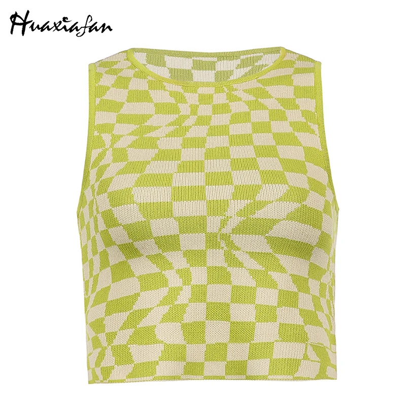 

Huaxiafan Plaid Print Knitted Tops Women Sleeveless T-shirt Summer Vintage Ladies Bodycon Elegant Chic T-shirts Female 2021 Tees