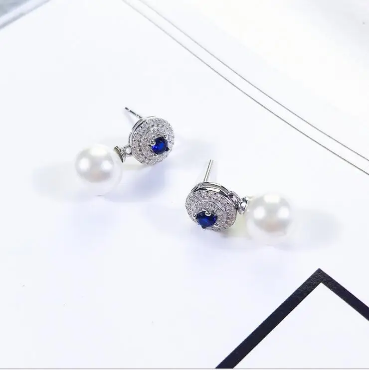 

Fashion Elegant 925 Sterling Silver Natural Pearl Blue Rhinestone Round Earrings Luxury Jewelry Gift For Women
