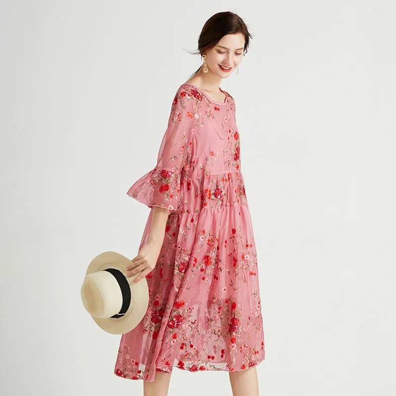 Encaje vestido de verano en Tallas grandes mujer 2021 moda elegante bordado Floral rosa de fiesta negro playa Bohemia ropas de vestido de Dama