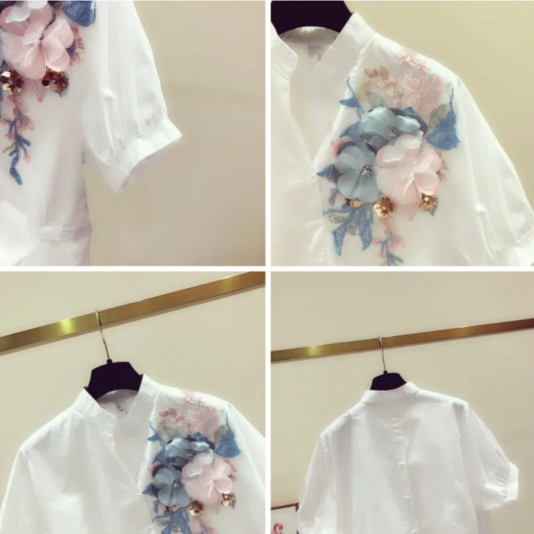 

New Fashion Summer Women's V-neck Flower Embroidered White Shirts Fairy Short Sleeve Loose Blouse Female Sweet Blusas Tops