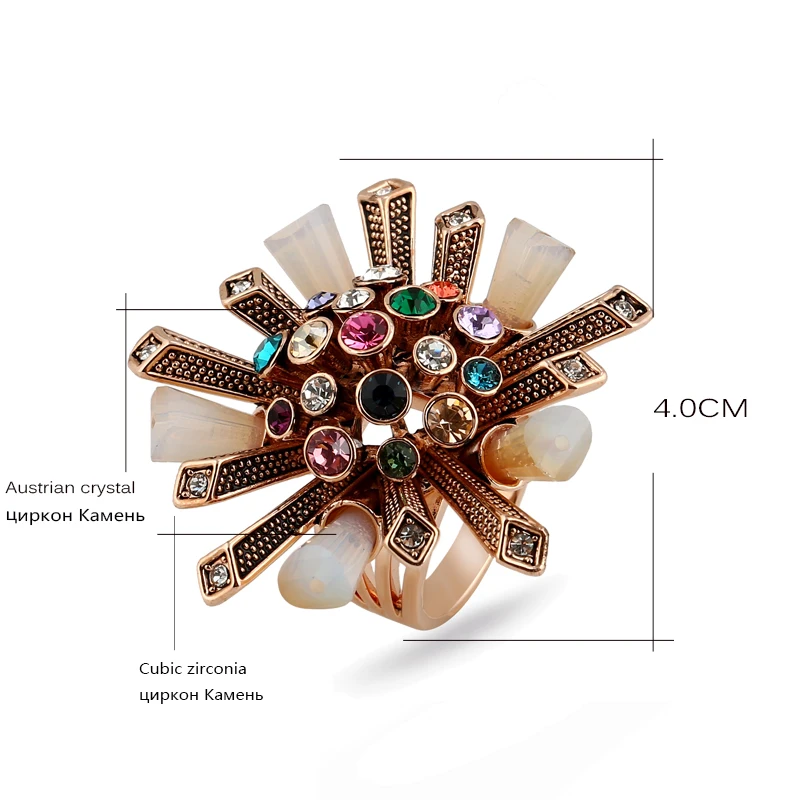 KCALOE Colorful Rhinestone Cubic Zirconia Ring Antique Rose Gold Color Crystal Column Big Flowers Wedding Women Rings Jewellery | Украшения