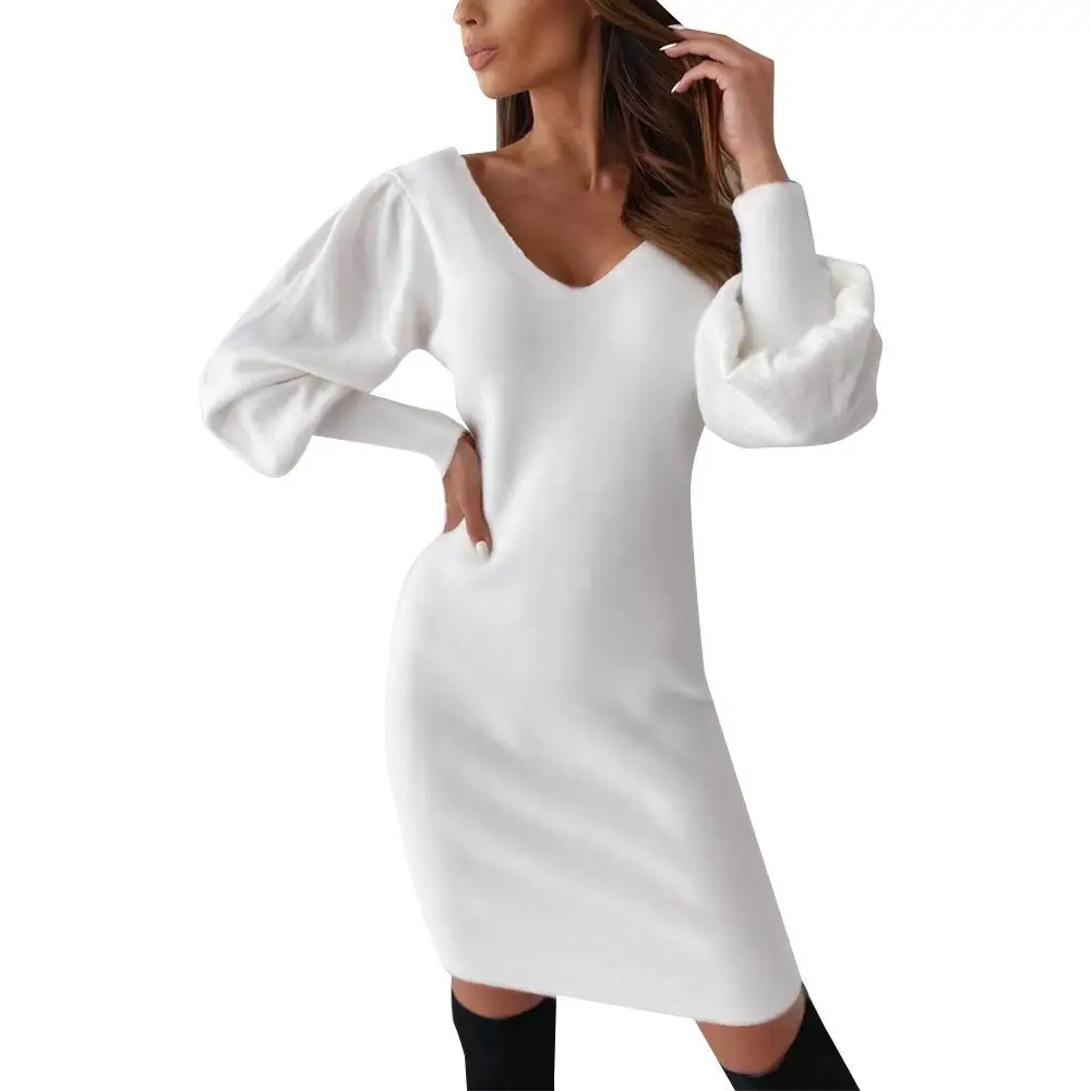 

Women's Dress Autumn Long-Sleeved V-Neck Tight Mini Skirt Halter Lace Stitching White Bishop Sleeve Dress Sexy Nightclub Party