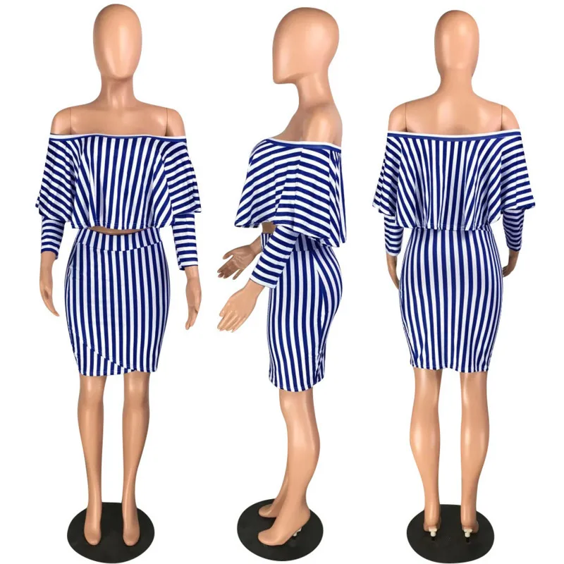 Autumn Women Set Full Hull Bushes Striped Print Crop Top Bodycon Short Skirt To Suit Two Pieces Set Training Suit