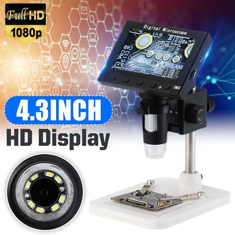 

USB Digital Electronic Microscope DM4 4.3"LCD Display VGA Microscope with 8 LED Lights Stand for PCB Motherboard Repairing