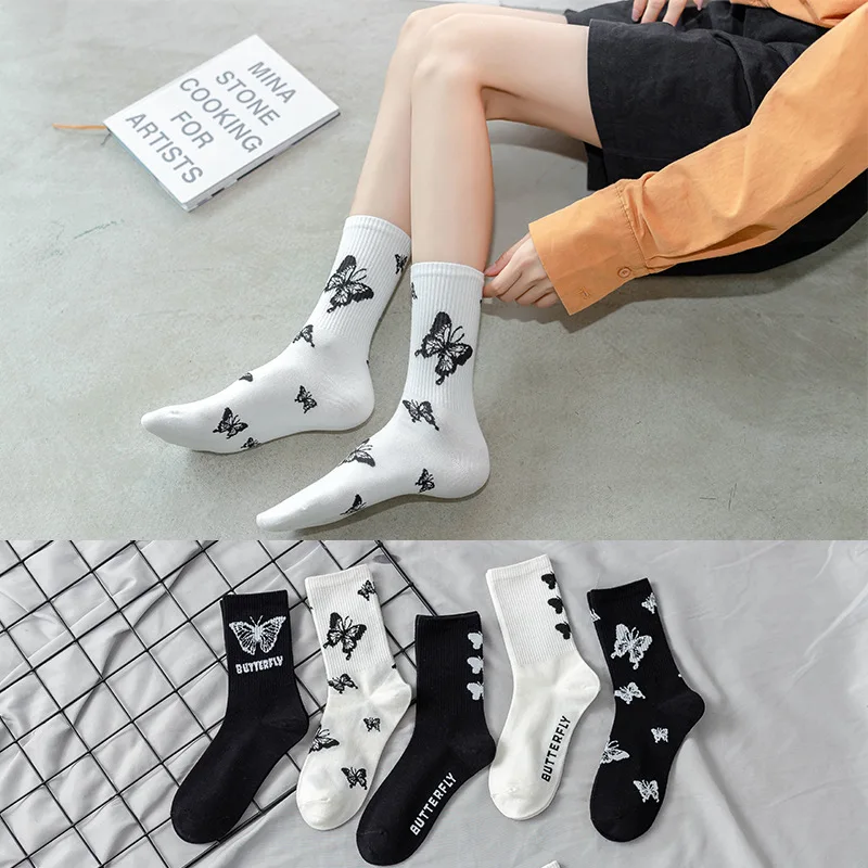 

Cartoon Butterflies Cotton Socks Calcetines Print White Black Non-slip Chaussette Spring Summer Autumn Breathable Tube Sox