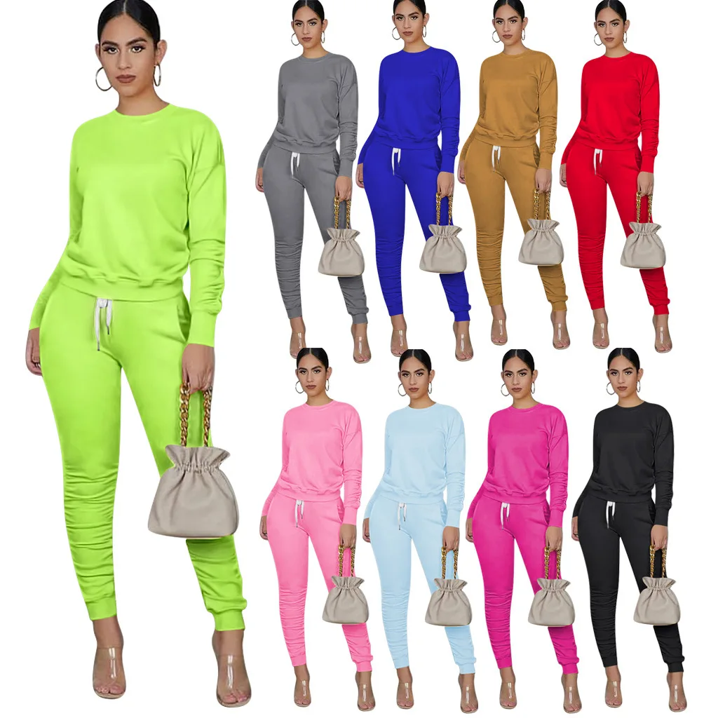 

European and American solid color strapped hands + feet + pleated sweatpants suit two-piece suit with pockets