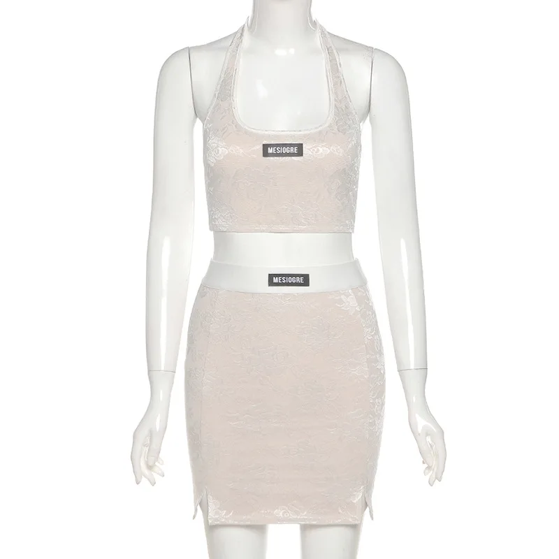 

European and American Summer Women's New Style Hanging Neck Halter Mesh Stitching Umbilical Vest Half-length Skirt