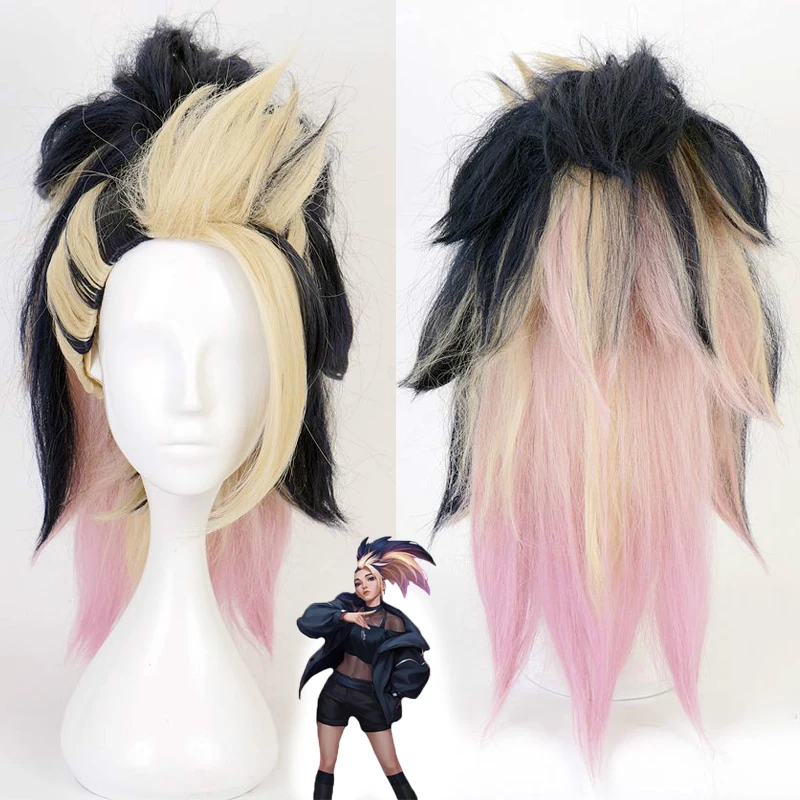 

Game LoL KDA Akali Cosplay Wigs League Of Legends Mixed Color Long Ponytail Synthetic Hairs Halloween Wig For Women Girls C55M33