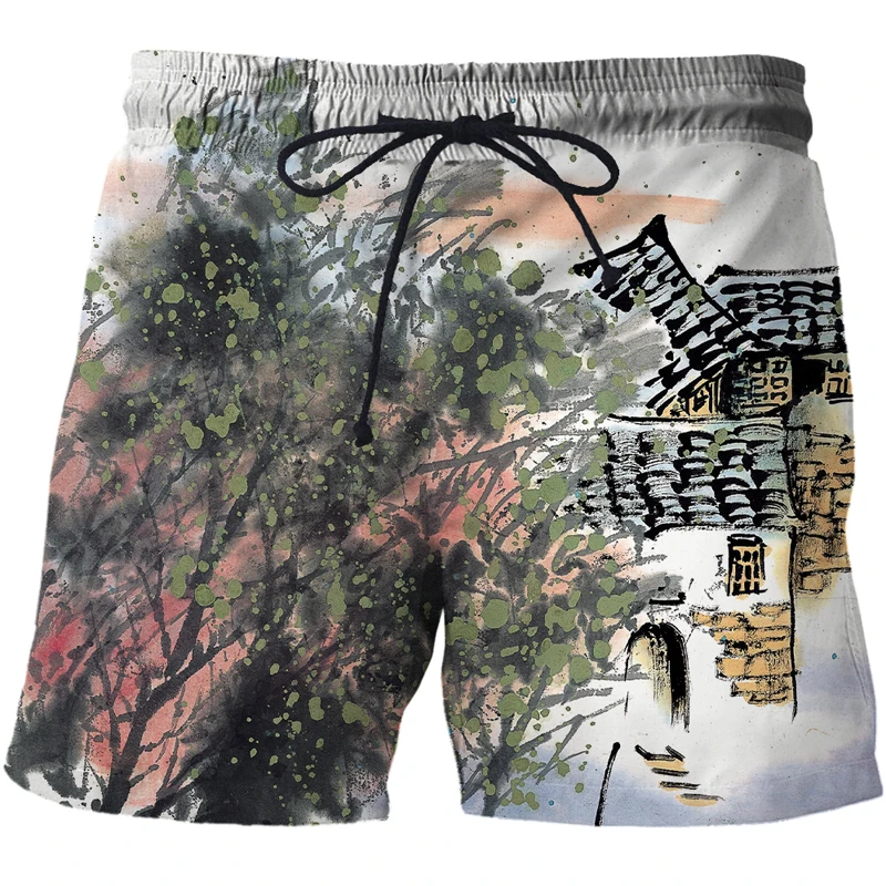 swimming trunks 3D printing casual beach pants fitness men's comfortable Chinese brush painting shorts fashion sports pants