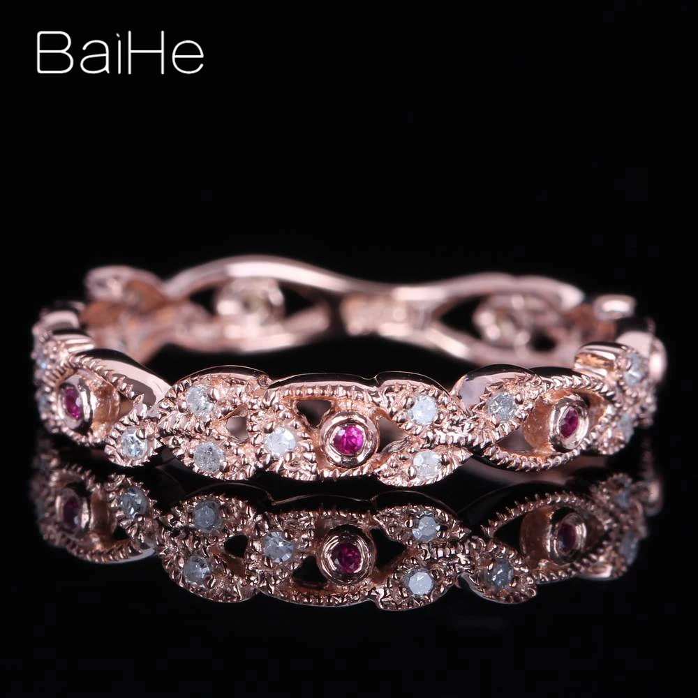BAIHE Solid 14K розовое золото(AU585) 0.2CT Certified H/SI круглые натуральные бриллианты и рубины обручальное кольцо модные ювелирные украшения Подарочное кольцо