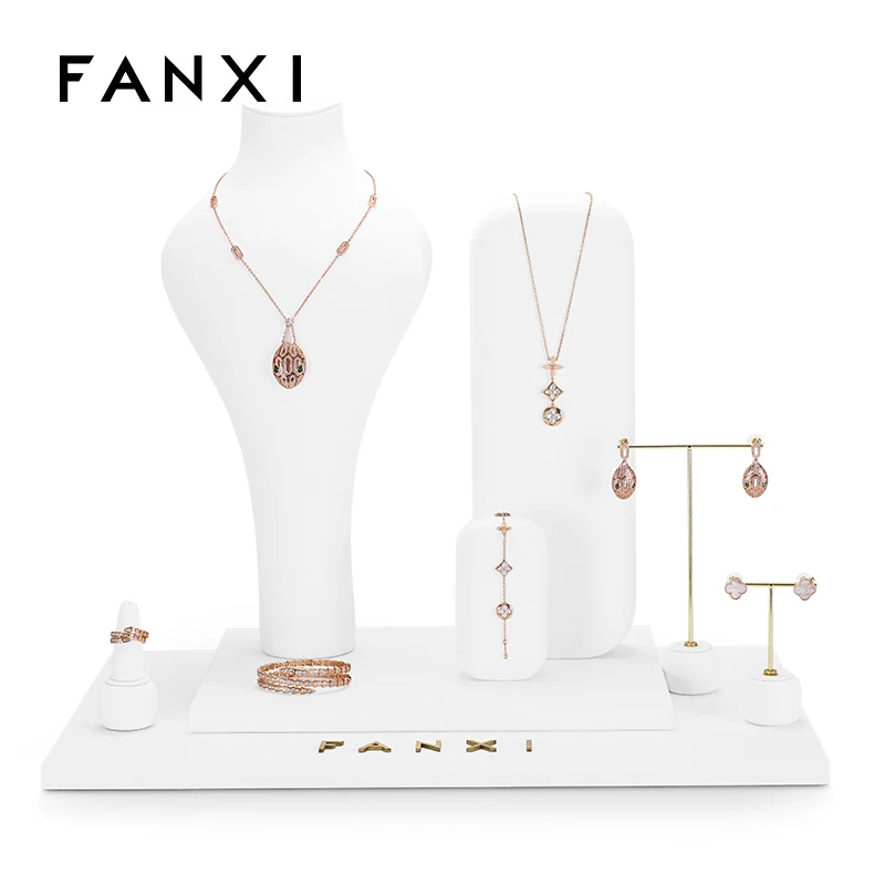 

FANXI Newly White Resin Necklace Bust Microfiber Earrings Display Stands Customized Wooden Jewelry Display Props Set