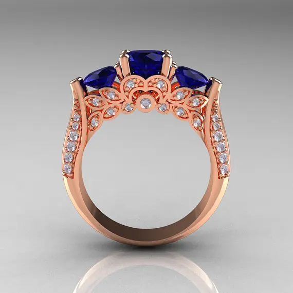 Роскошное женское маленькое кольцо с синим круглым камнем 18 кт розовое золото обручальное винтажные