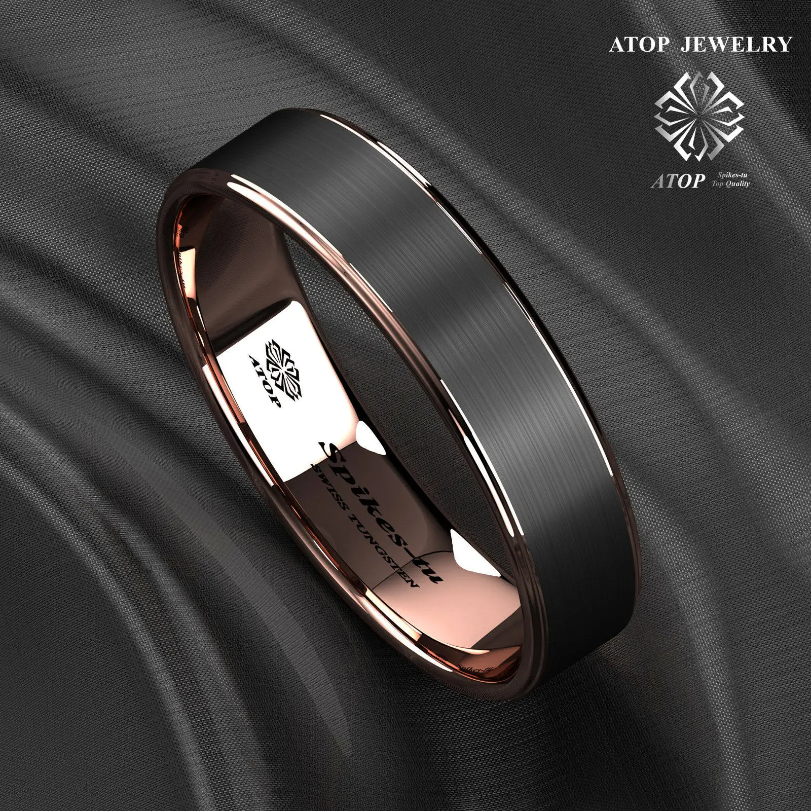 

6mm Tungsten Carbide ring rose gold black brushed Wedding Band Ring ATOP men's jewelry