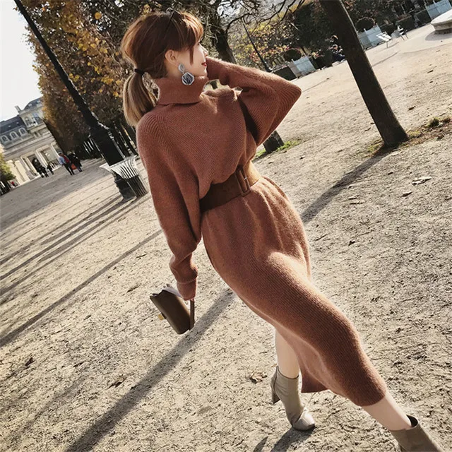

Knitted Sweater Dress Women 2020 Autumn Winter Warm Long Turtleneck Korean Ladies Knitting Cashmere Dresses Female Pullovers