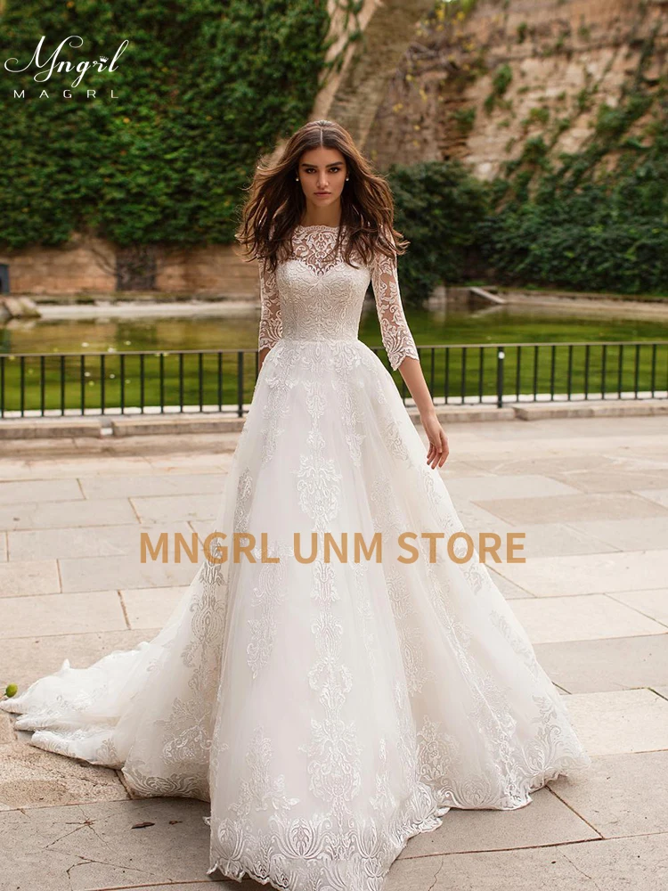 

MNGRL Luxury Muslim bride Long Sleeve Bridal Dresses White Lace 3D Flower Fluffy Skir Plus Size Tail Bandage Wedding Gown