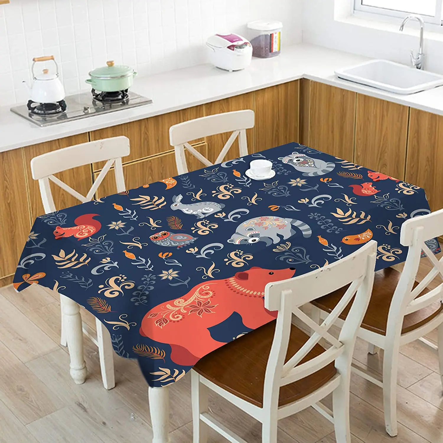 Fairytale Forest Oblong Tablecloth Fox Bear Raccoon Owls Rabbits Flowers Waterproof Table Cover