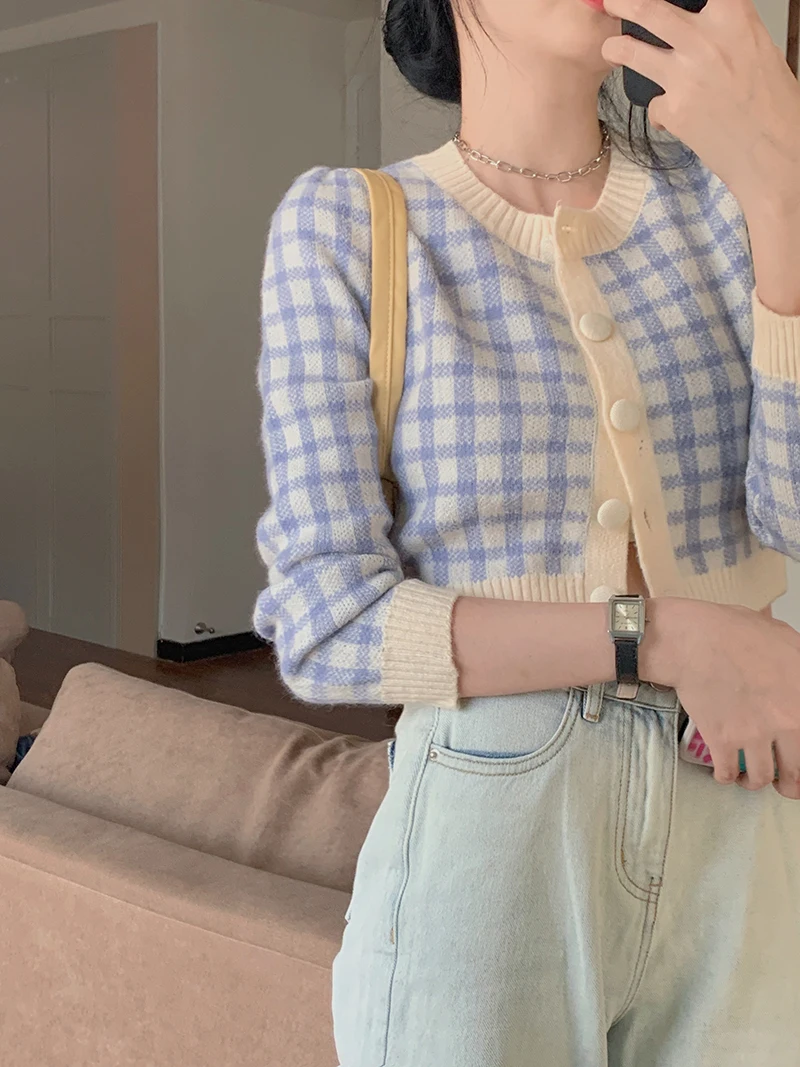 Женский короткий вязаный кардиган мягкая клетчатая куртка с длинным рукавом в