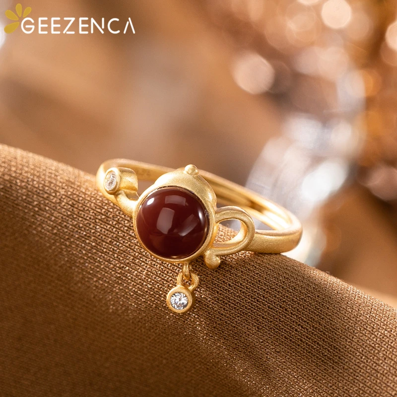 

925 Sterling Silver Goldplated Teapot Agate Ring For Women Zircon Ethnic Unique Trendy Open Rings Fine Jewelry Party Gift