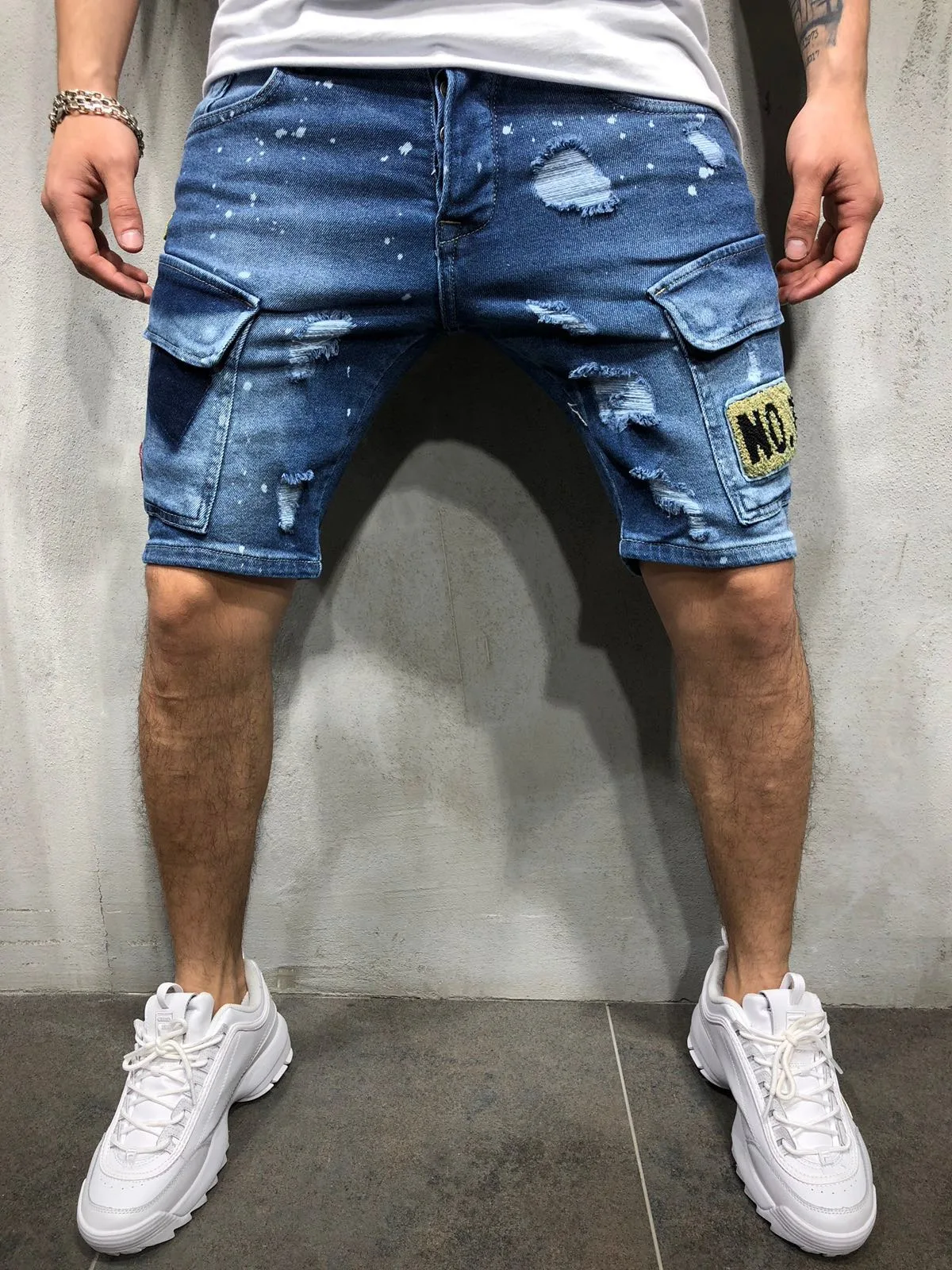 

2021 New Style Men Stretchy Ripped Skinny Biker Embroidery Print Jeans Pocket Destroyed Taped Slim Fit High Quality Denim Shorts