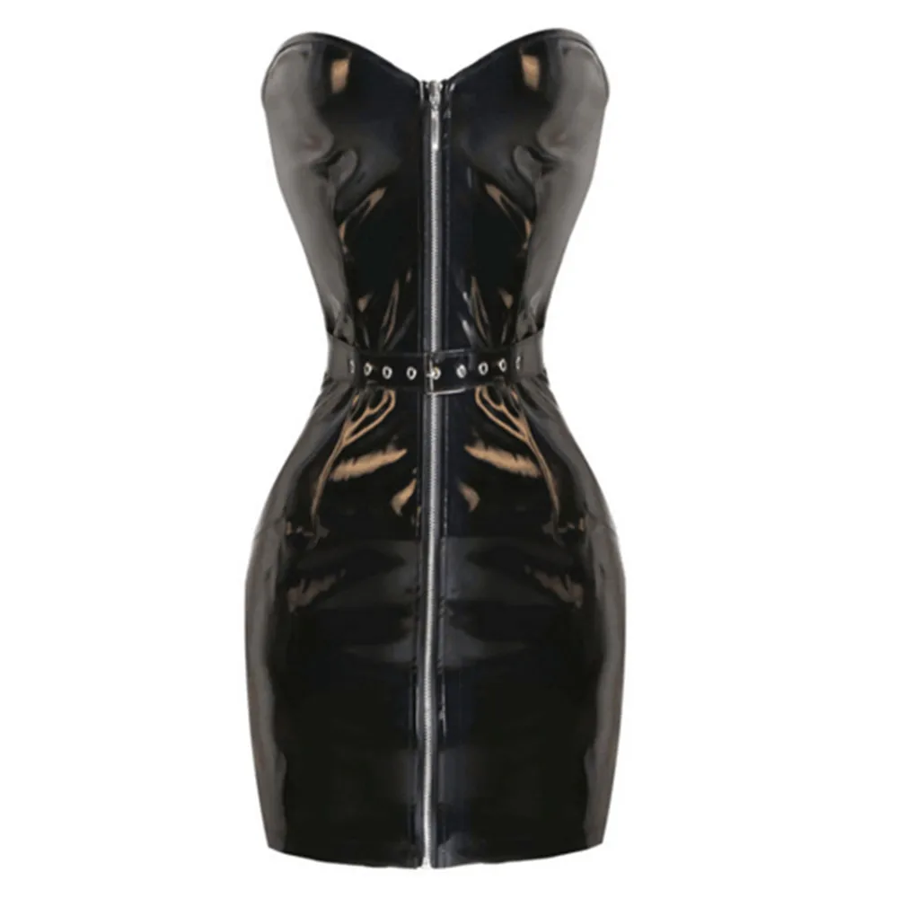 Готическое привлекательное черное платье из ПВХ и латекса с мокрым внешним видом