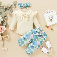 newborn baby girl clothes set fashion autumn long sleeve ruffle button romper tops floral pants headband infant clothing outfits
