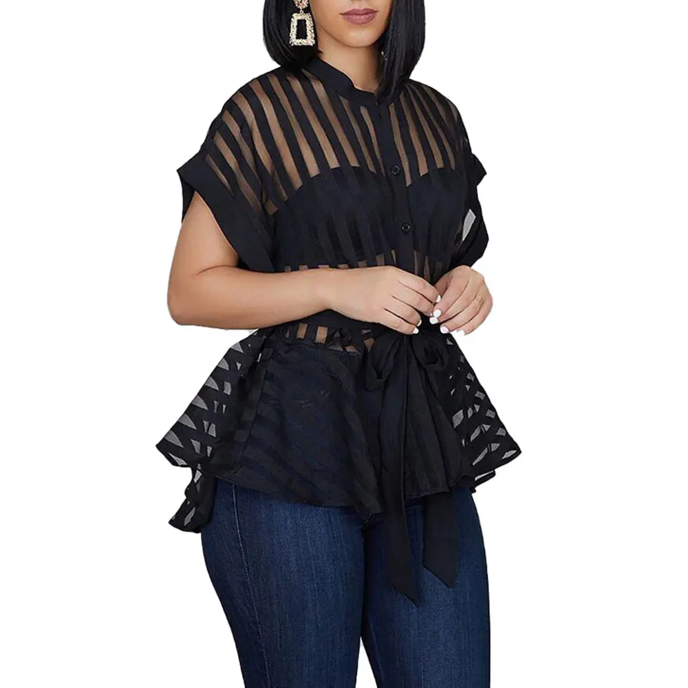 Женские сексуальные расклешенные топы прозрачные полосатые модная блузка с