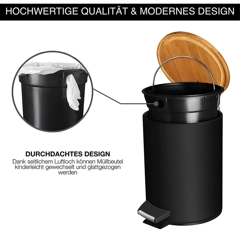 

2 Pcs Cosmetic Bin 5L Bamboo Stainless Steel with Soft Closure and Interior Bin Bathroom Bin Soft Close, Black & White