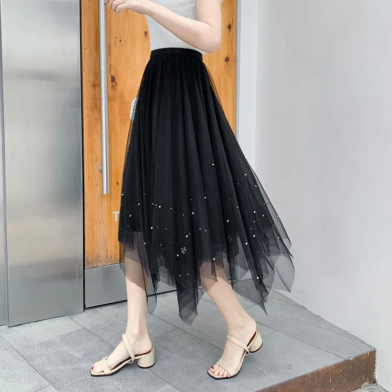 

Mesh Beaded Pleated Skirts Women's All-match Mid-length Korean Version High Waist A-line Fluffy Long Skirt for Young BSQ472