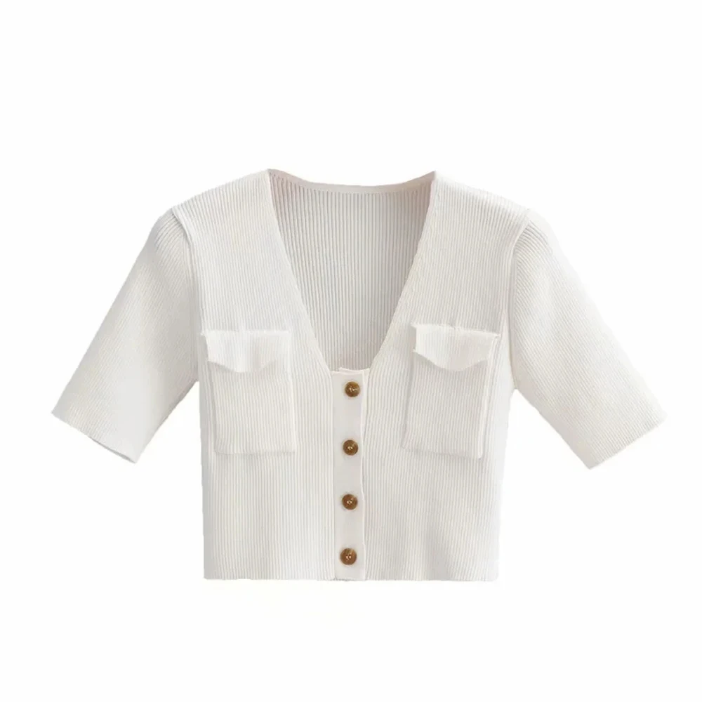

2021 Women Fashion Button-Up Cropped Knitted Cardigan Sexy Casual Sweater White V Neck Short Sleeve Female Outerwear Chic Tops