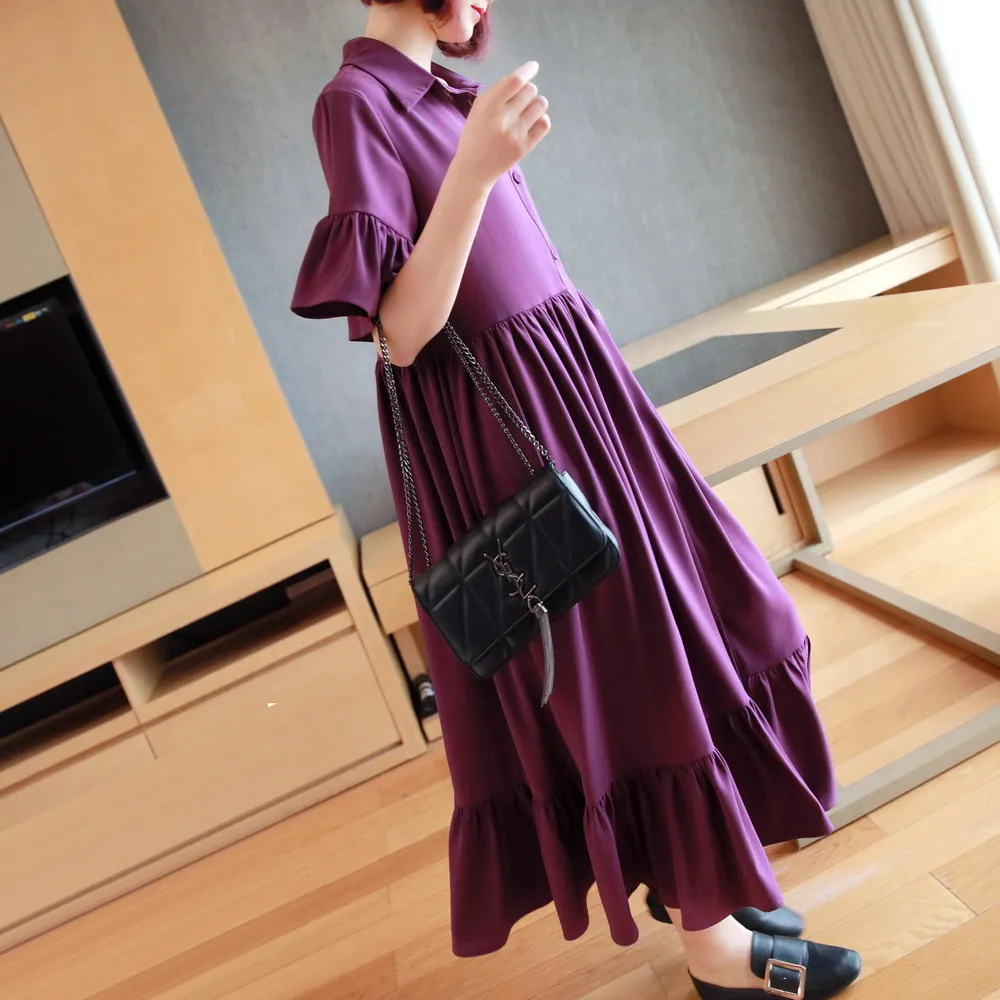 2020 летнее фиолетовое платье для женщин с коротким рукавом и рюшами хлопковое