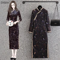 ehqaxin 2022 spring new womens cheongsam dress elegant printing retro disc button dress female ethnic style m 4xl